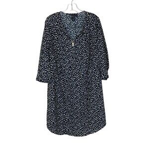 LANE BRYANT 3/4 Sleeve Shift Dress Size 14 B & W Polka Dot Gold Zip V-Neck